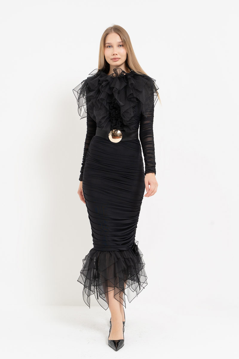 Siyah Fırfır Tül Detaylı Seyyar Kemerli Elbise