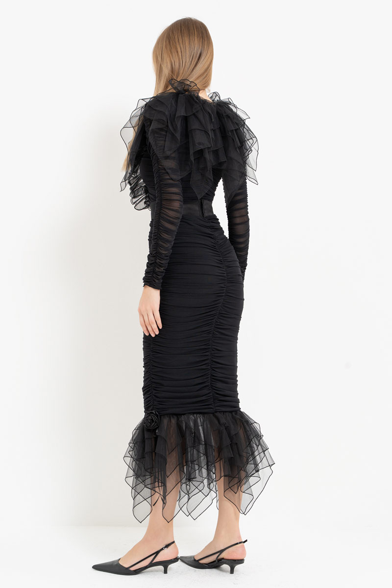 Siyah Fırfır Tül Detaylı Seyyar Kemerli Elbise