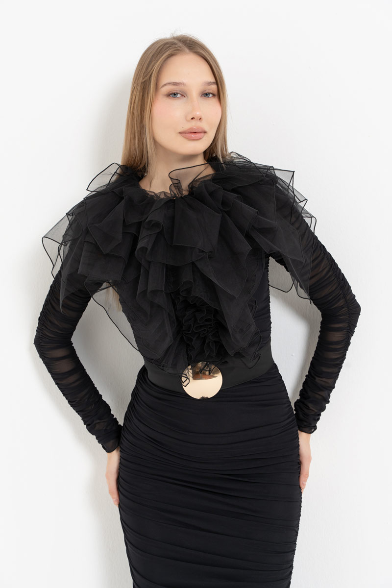 Siyah Fırfır Tül Detaylı Seyyar Kemerli Elbise