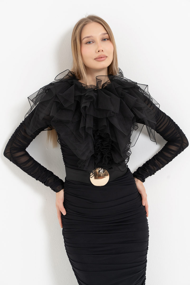 Siyah Fırfır Tül Detaylı Seyyar Kemerli Elbise