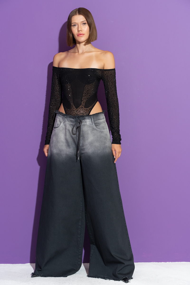 Black Off-the-Shoulder Embellished G-String Bodysuit