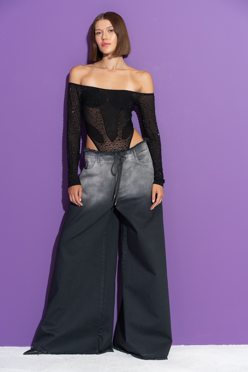 Black Off-the-Shoulder Embellished G-String Bodysuit