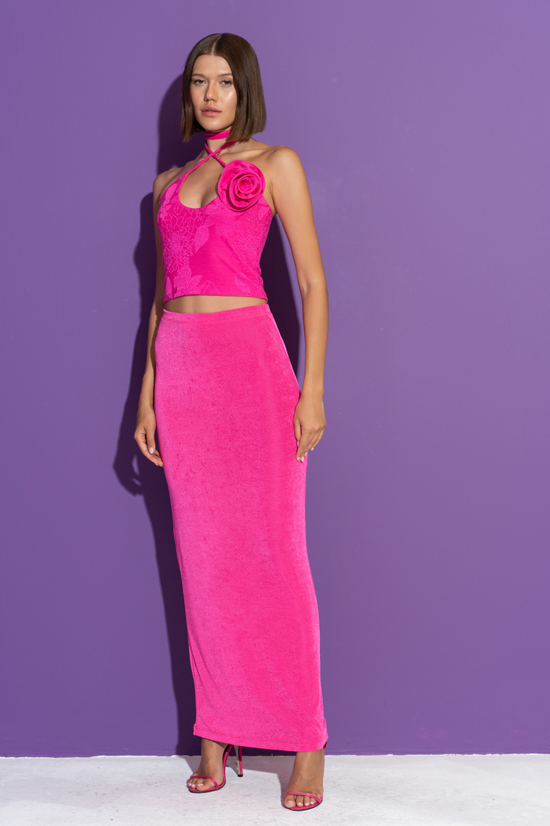 Yeni Fuşya Biye Bağlamalı Gül Detaylı Büstiyer