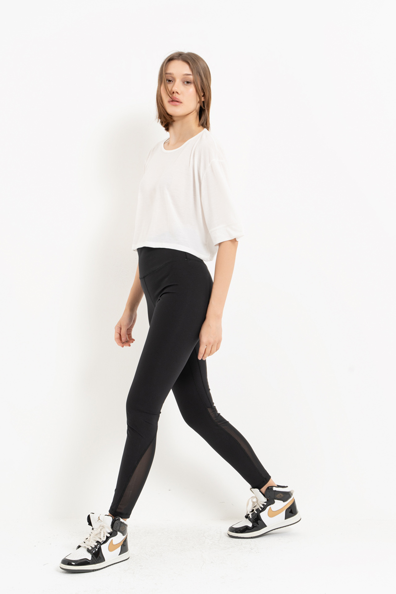 Black Mesh-Insert High-Waist Leggings