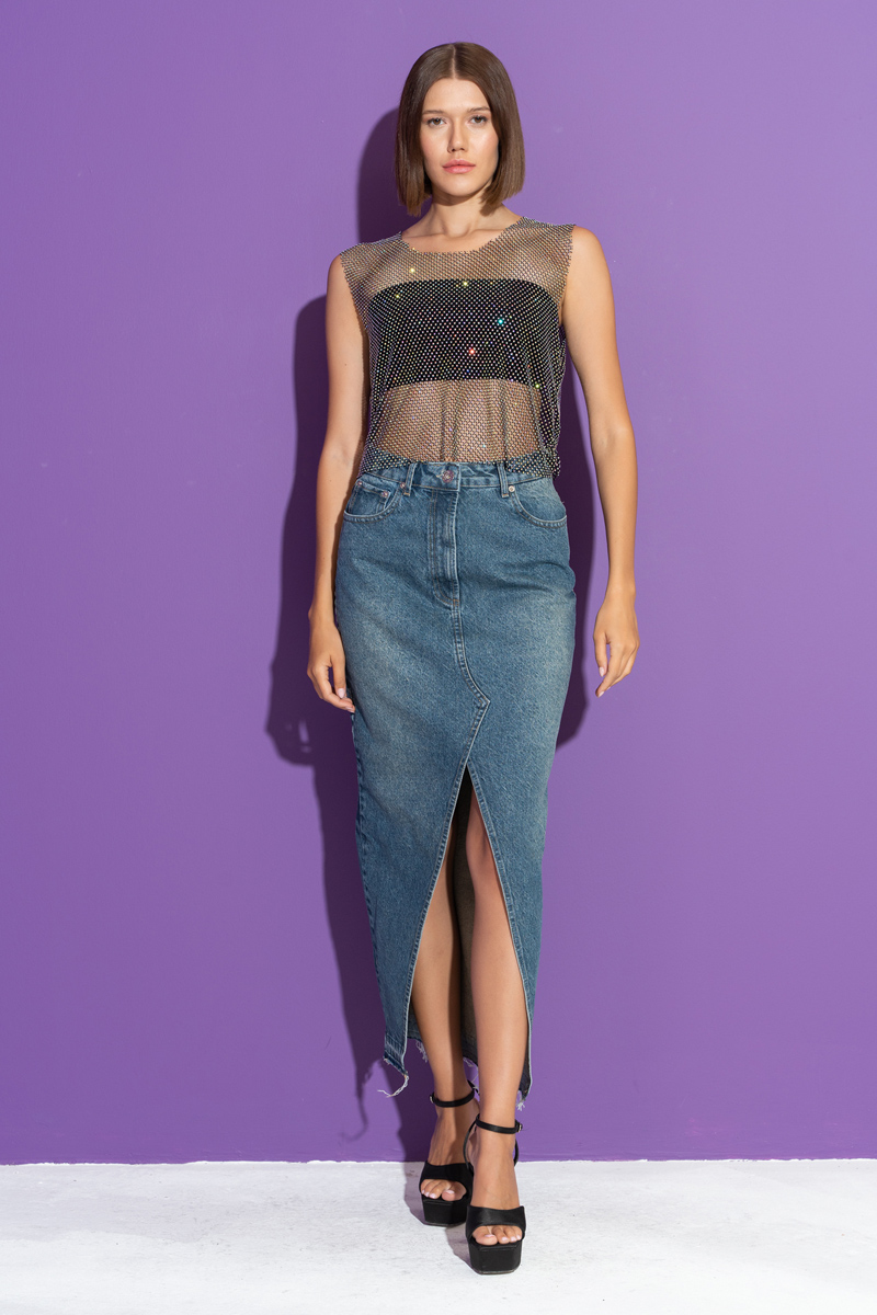 Mavi Yırtmaç Detaylı Kot Etek