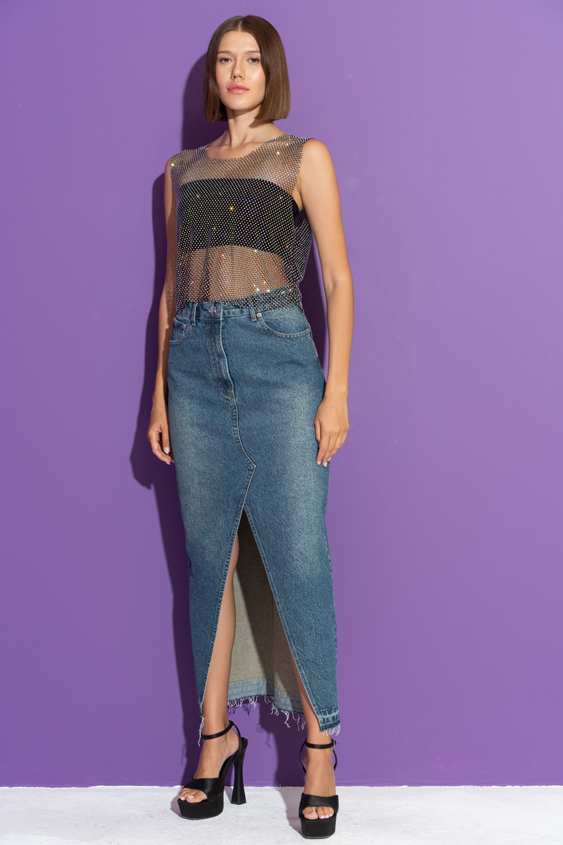 Mavi Yırtmaç Detaylı Kot Etek