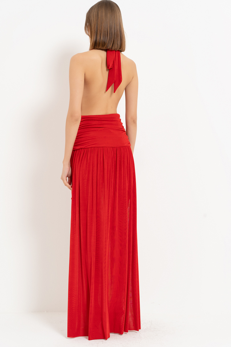 Kırmızı Boyundan Bağlamalı Önü Kısa Arkası Uzun Elbise