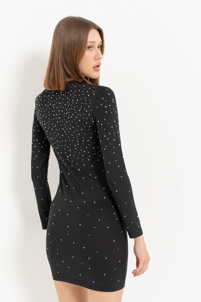 Siyah-Gümüş Taş Detaylı Uzun Kollu Mini Elbise