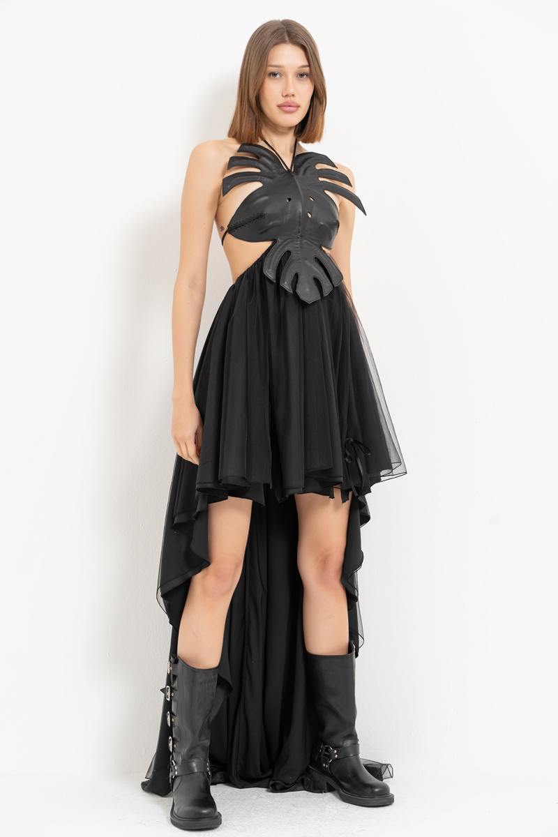 Siyah Deri Büstiyerli Önü Kısa Arkası Uzun Elbise