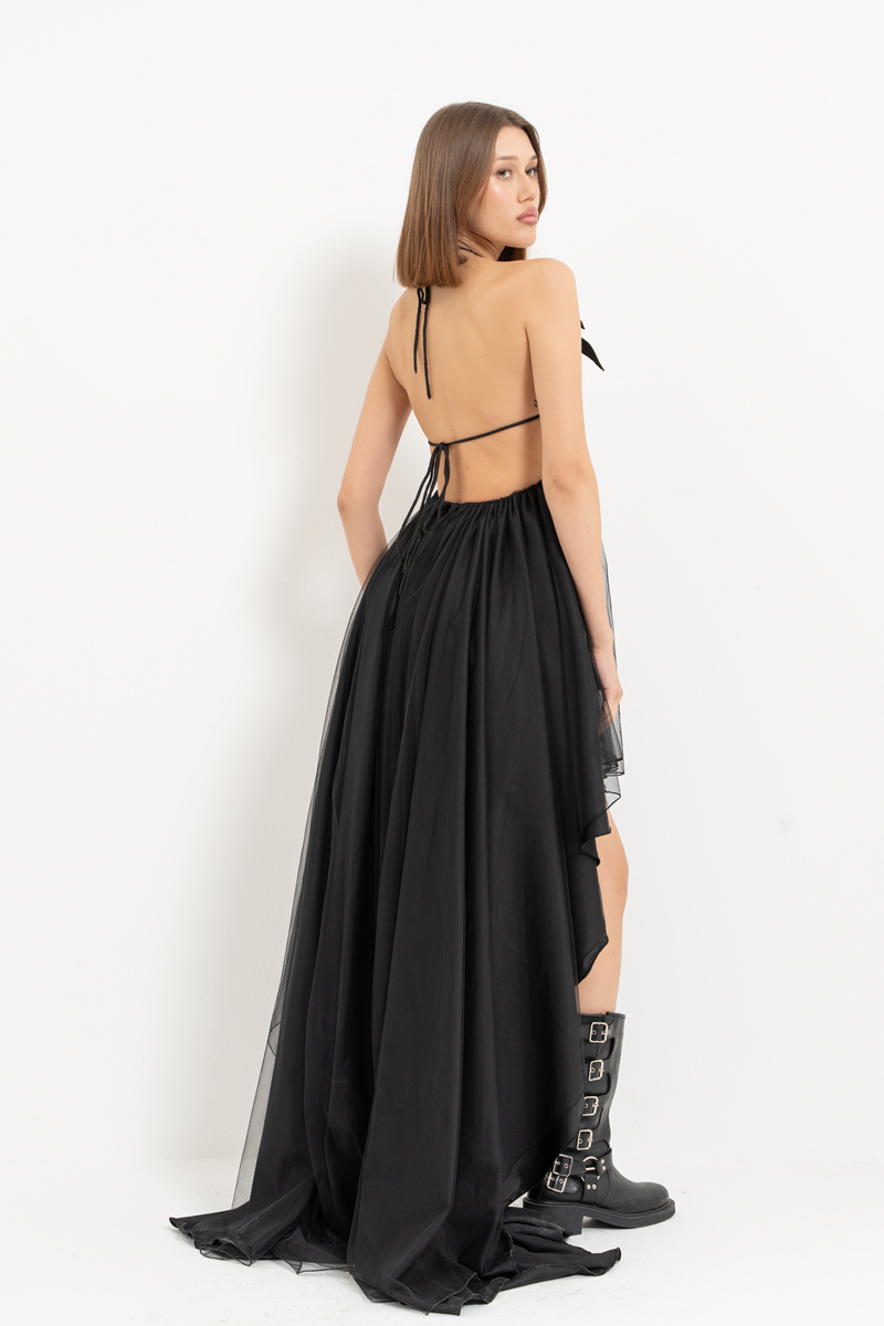 Siyah Deri Büstiyerli Önü Kısa Arkası Uzun Elbise