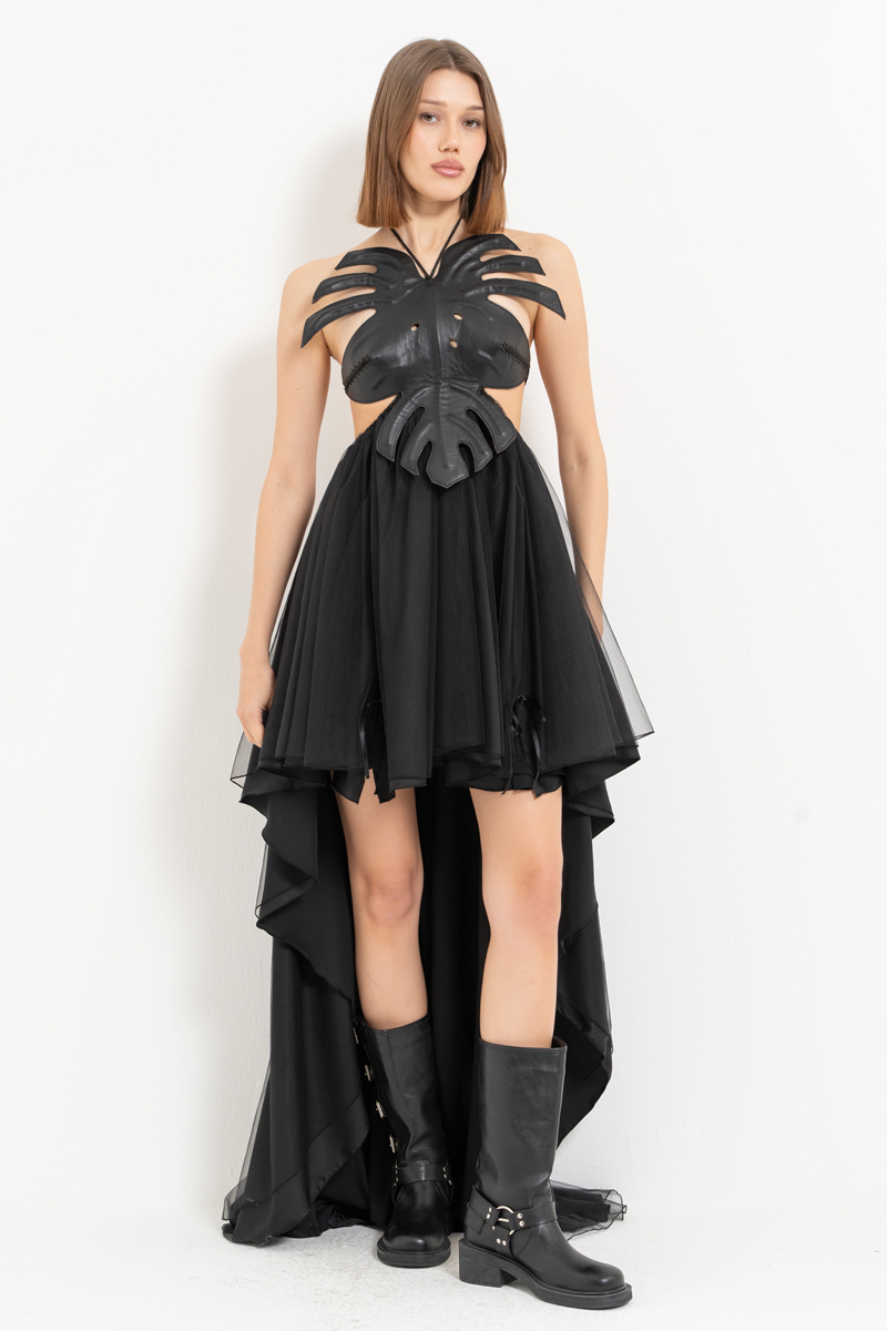 Siyah Deri Büstiyerli Önü Kısa Arkası Uzun Elbise