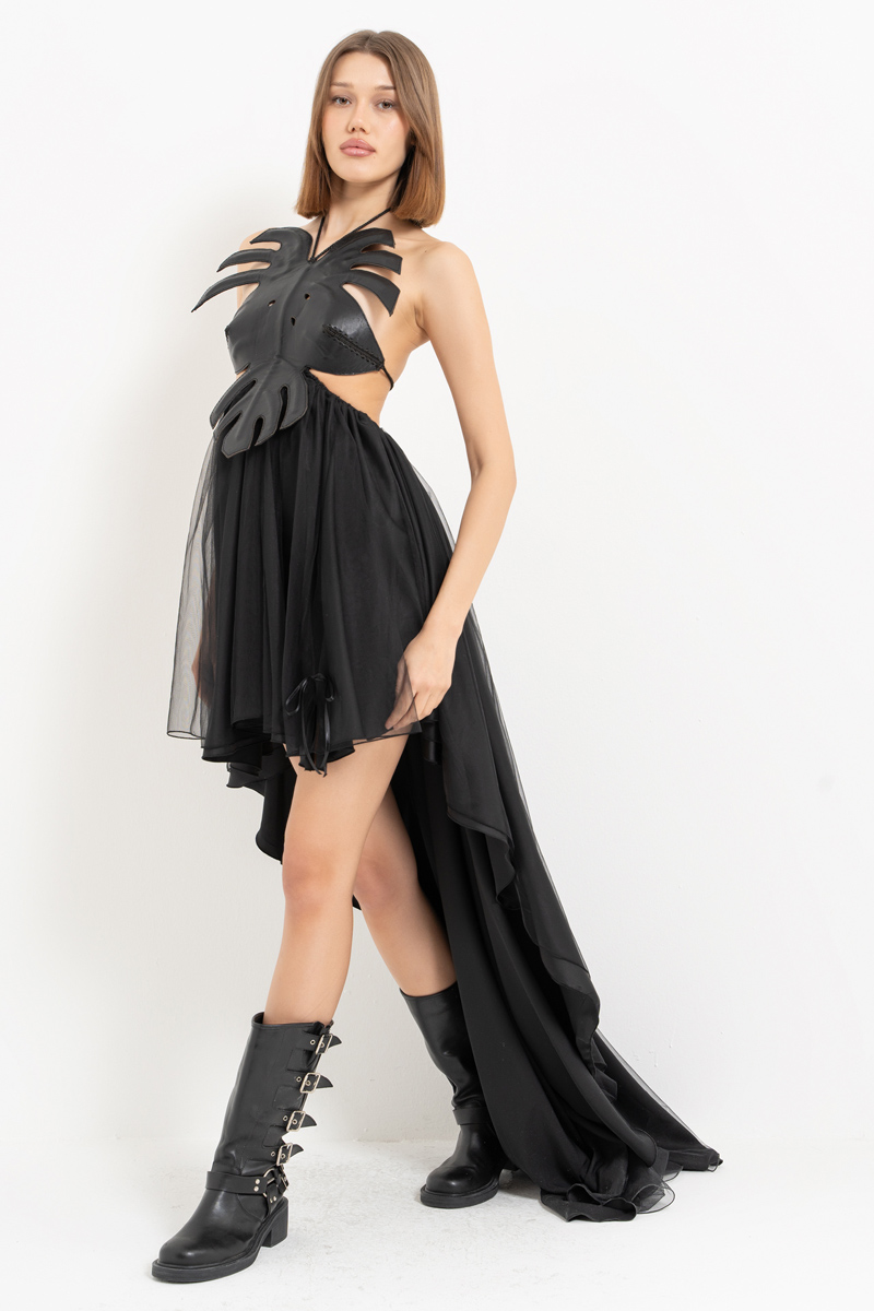 Siyah Deri Büstiyerli Önü Kısa Arkası Uzun Elbise