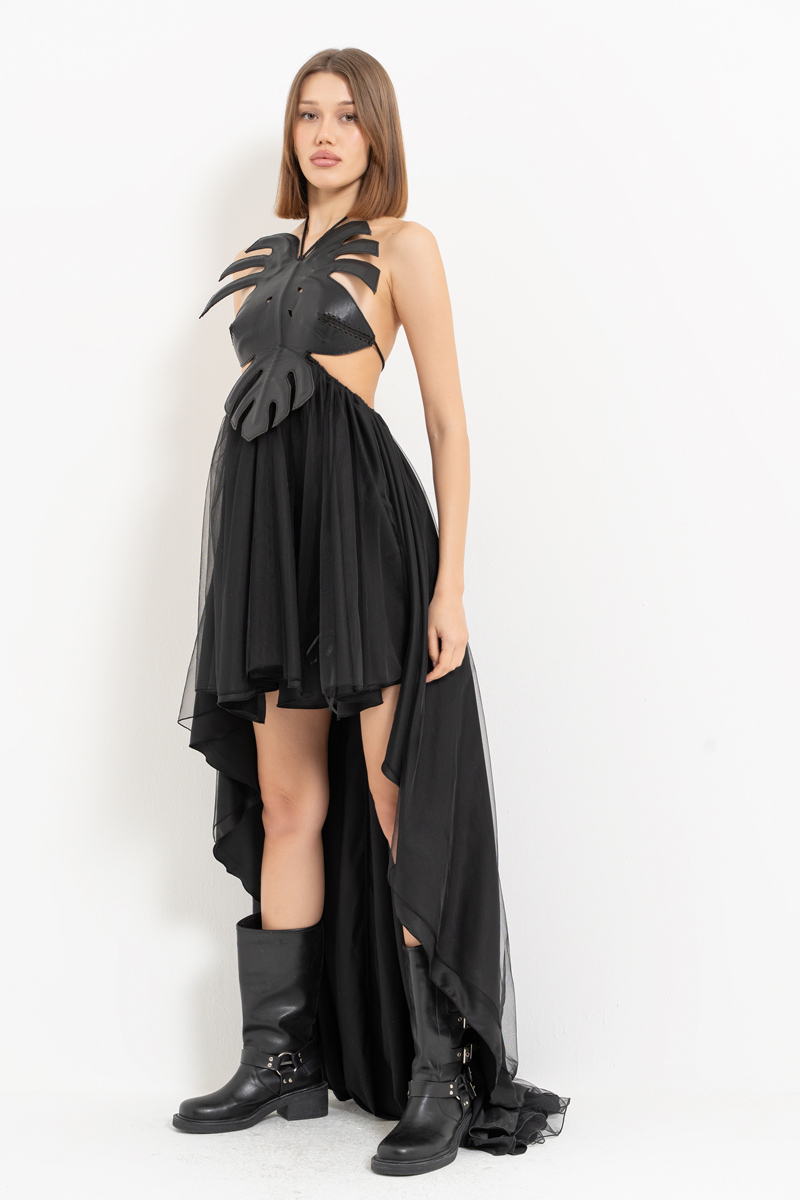 Siyah Deri Büstiyerli Önü Kısa Arkası Uzun Elbise