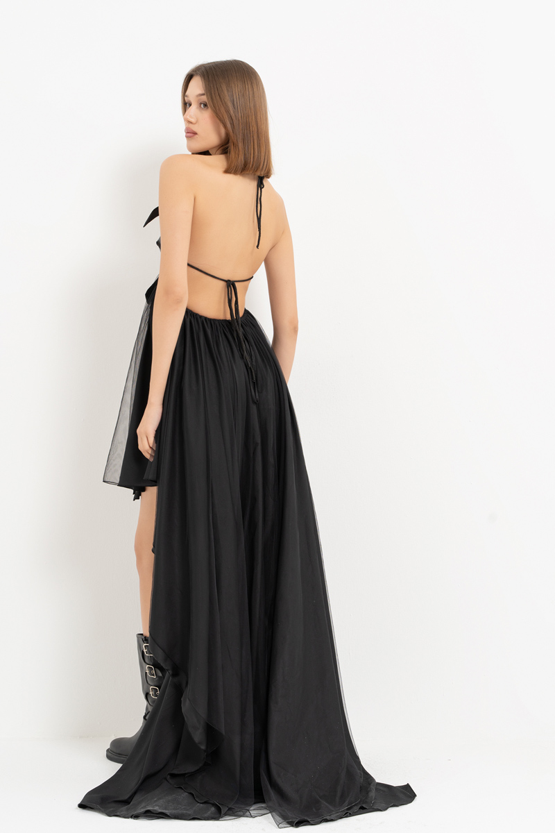 Siyah Deri Büstiyerli Önü Kısa Arkası Uzun Elbise