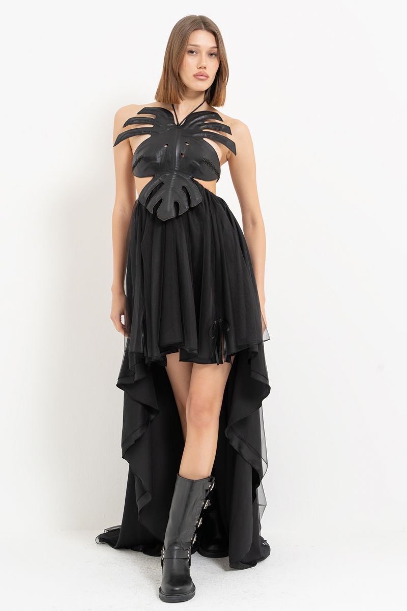 Siyah Deri Büstiyerli Önü Kısa Arkası Uzun Elbise