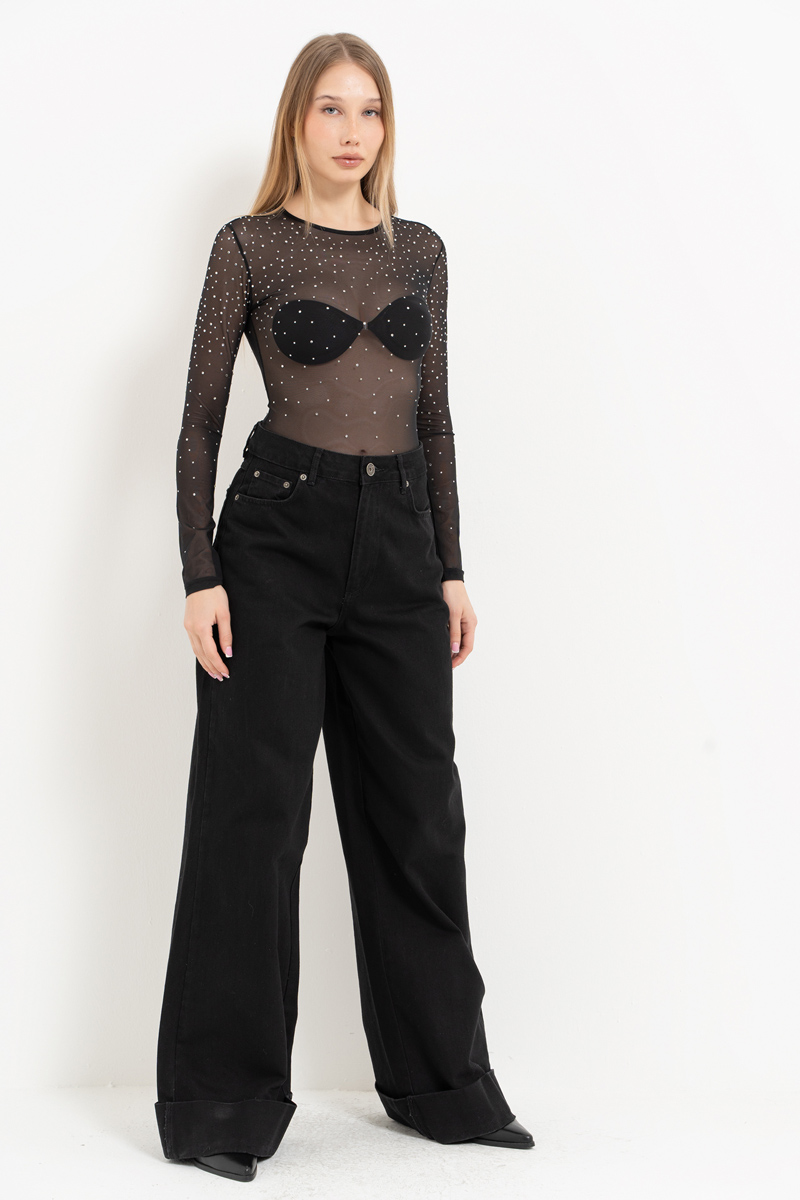 Siyah-Gümüş Uzun Kollu Taşlı Transparan Bodysuit
