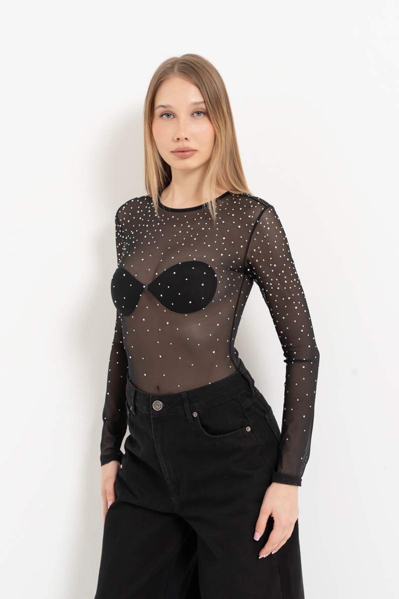 Siyah-Gümüş Uzun Kollu Taşlı Transparan Bodysuit