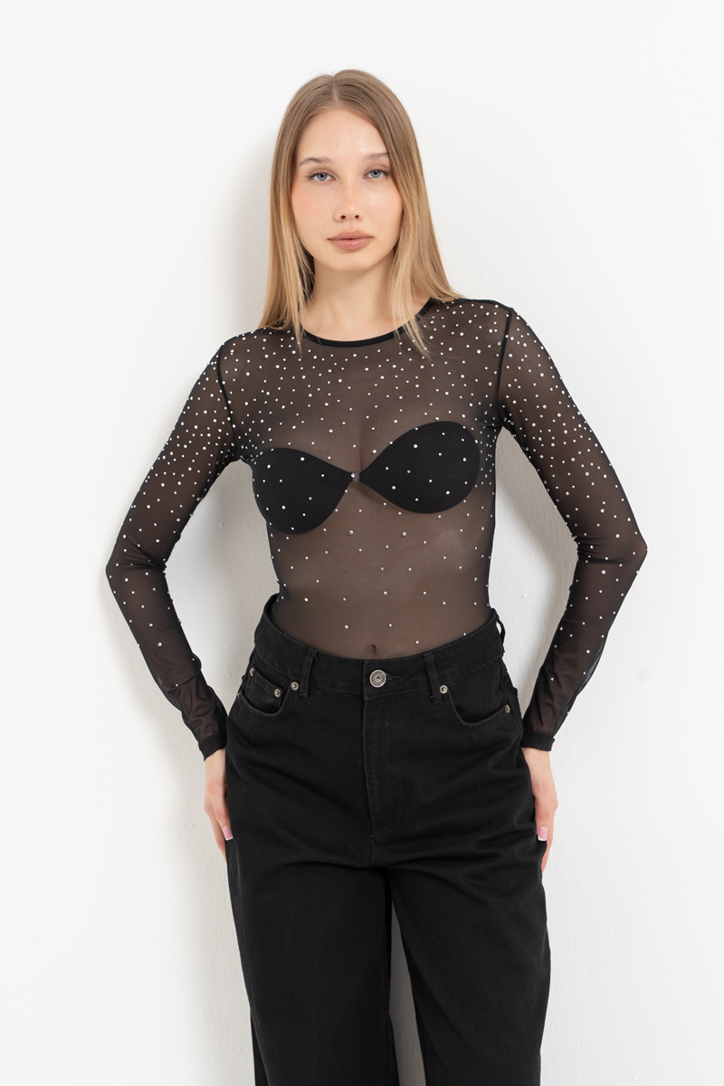Siyah-Gümüş Uzun Kollu Taşlı Transparan Bodysuit