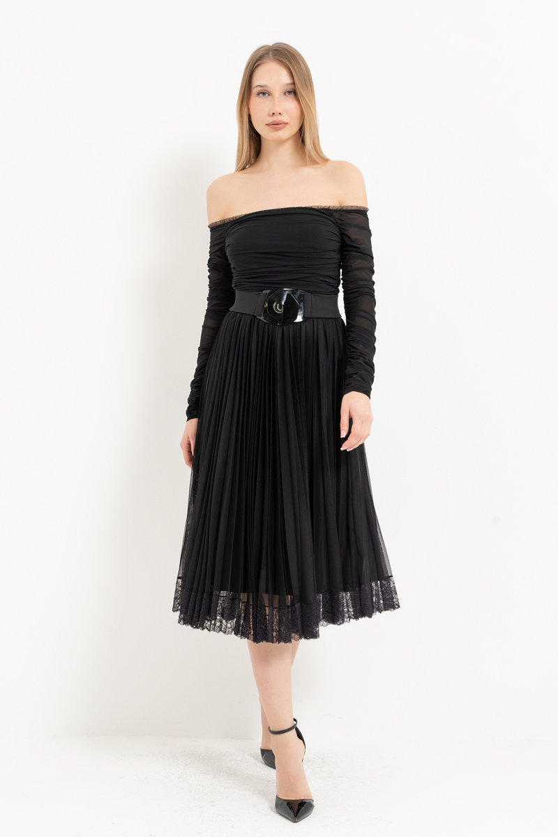 Siyah Madonna Yaka Midi Tül Elbise