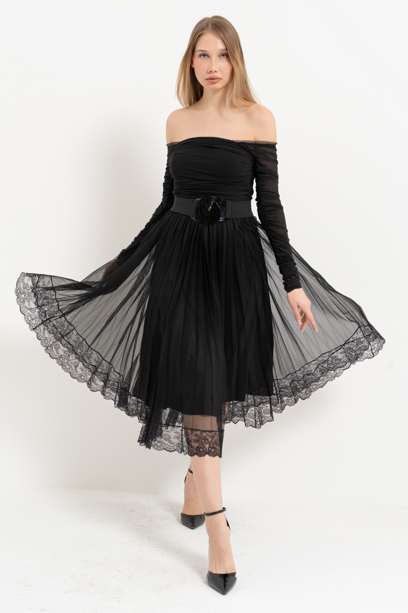 Siyah Madonna Yaka Midi Tül Elbise