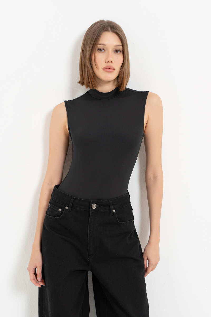 Black Mock-Neck Tank Bodysuit