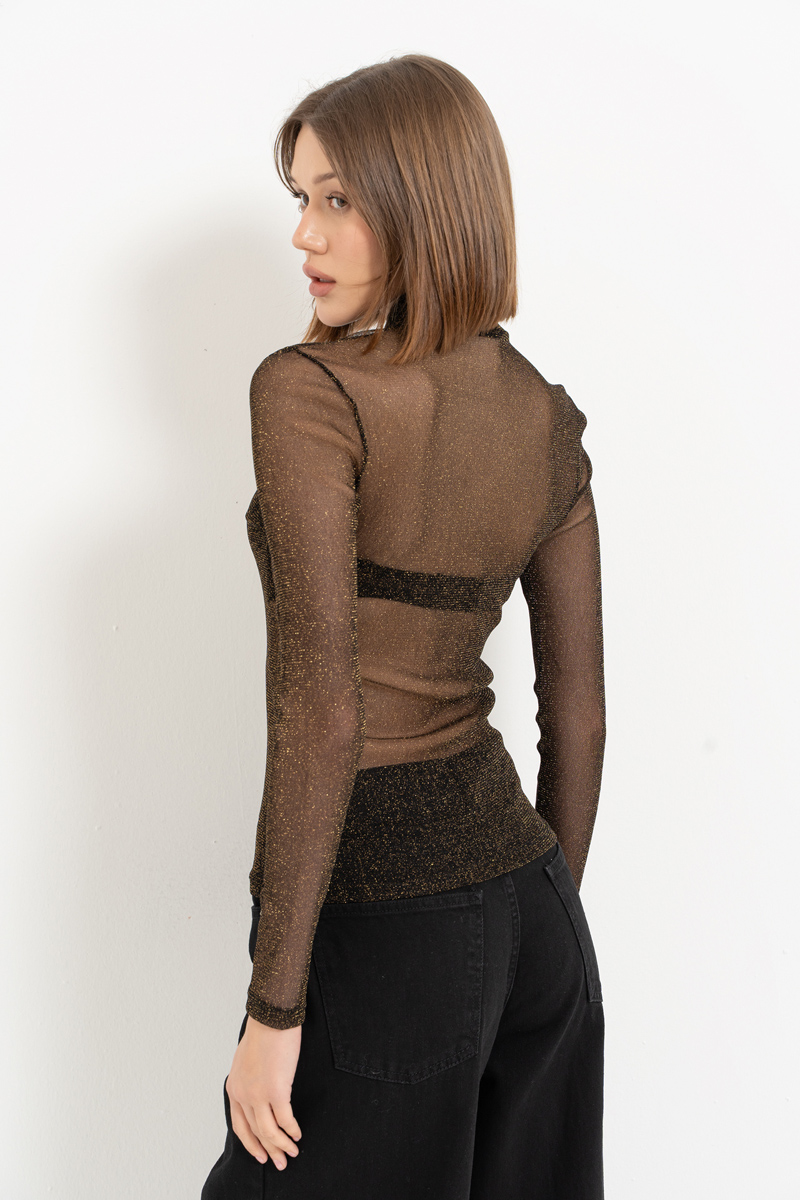 Siyah-Altin Balıkçı Yaka Simli Tül Bluz