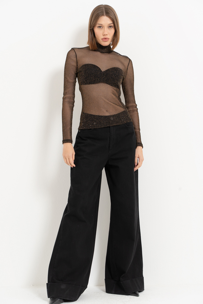 Siyah-Altin Balıkçı Yaka Simli Tül Bluz