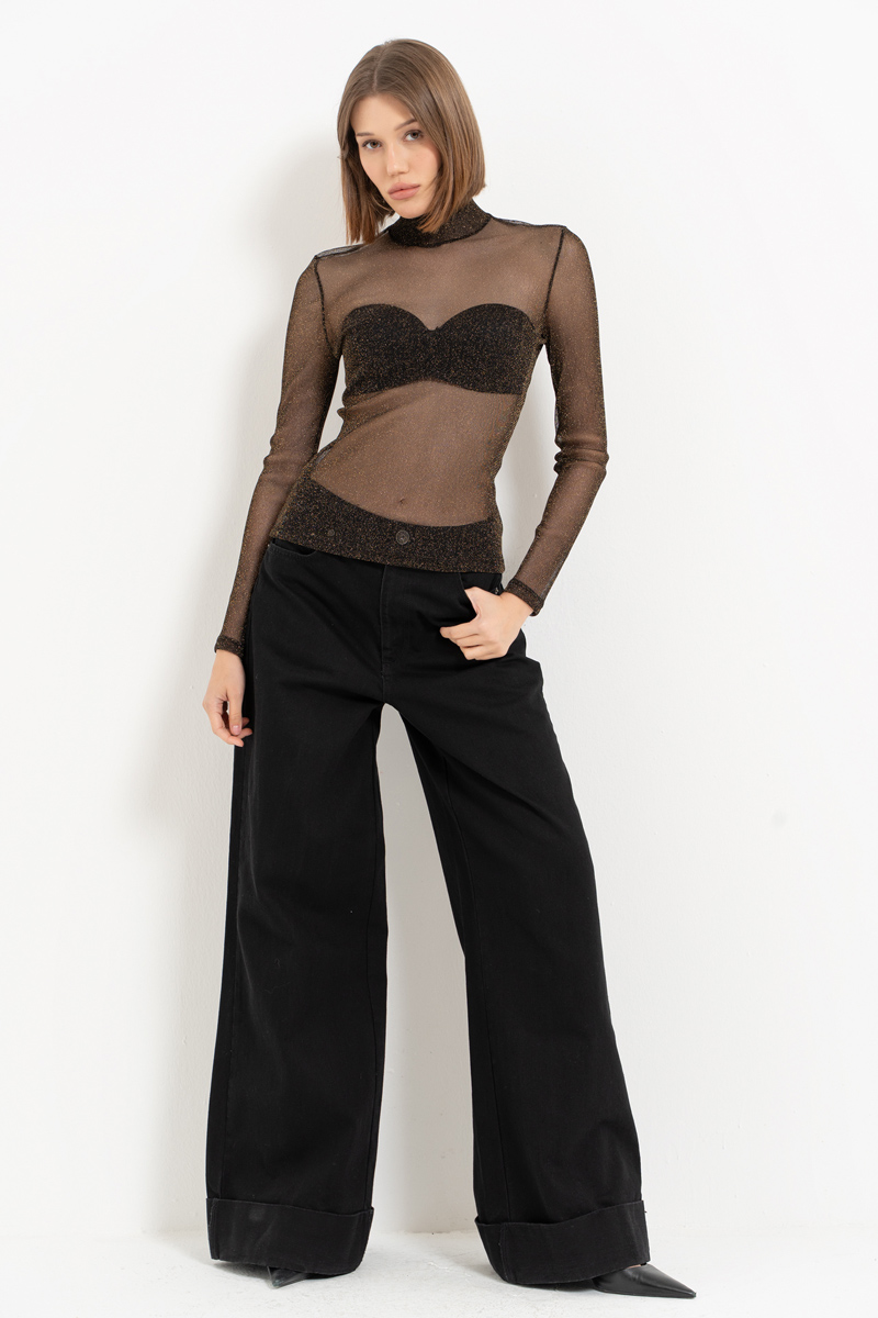 Siyah-Altin Balıkçı Yaka Simli Tül Bluz