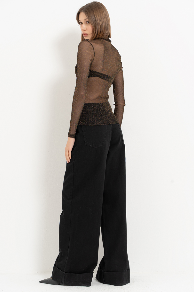 Siyah-Altin Balıkçı Yaka Simli Tül Bluz