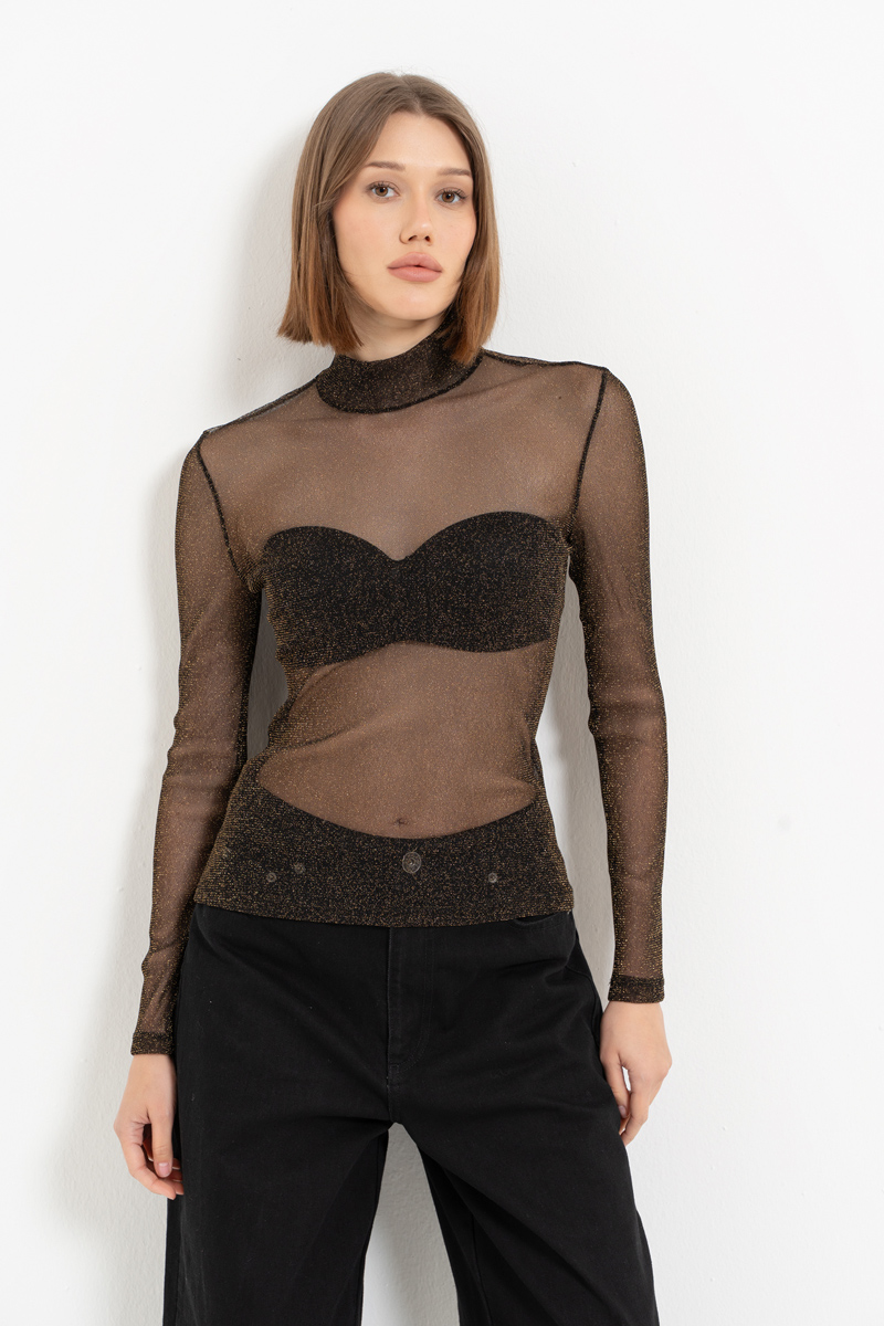 Siyah-Altin Balıkçı Yaka Simli Tül Bluz