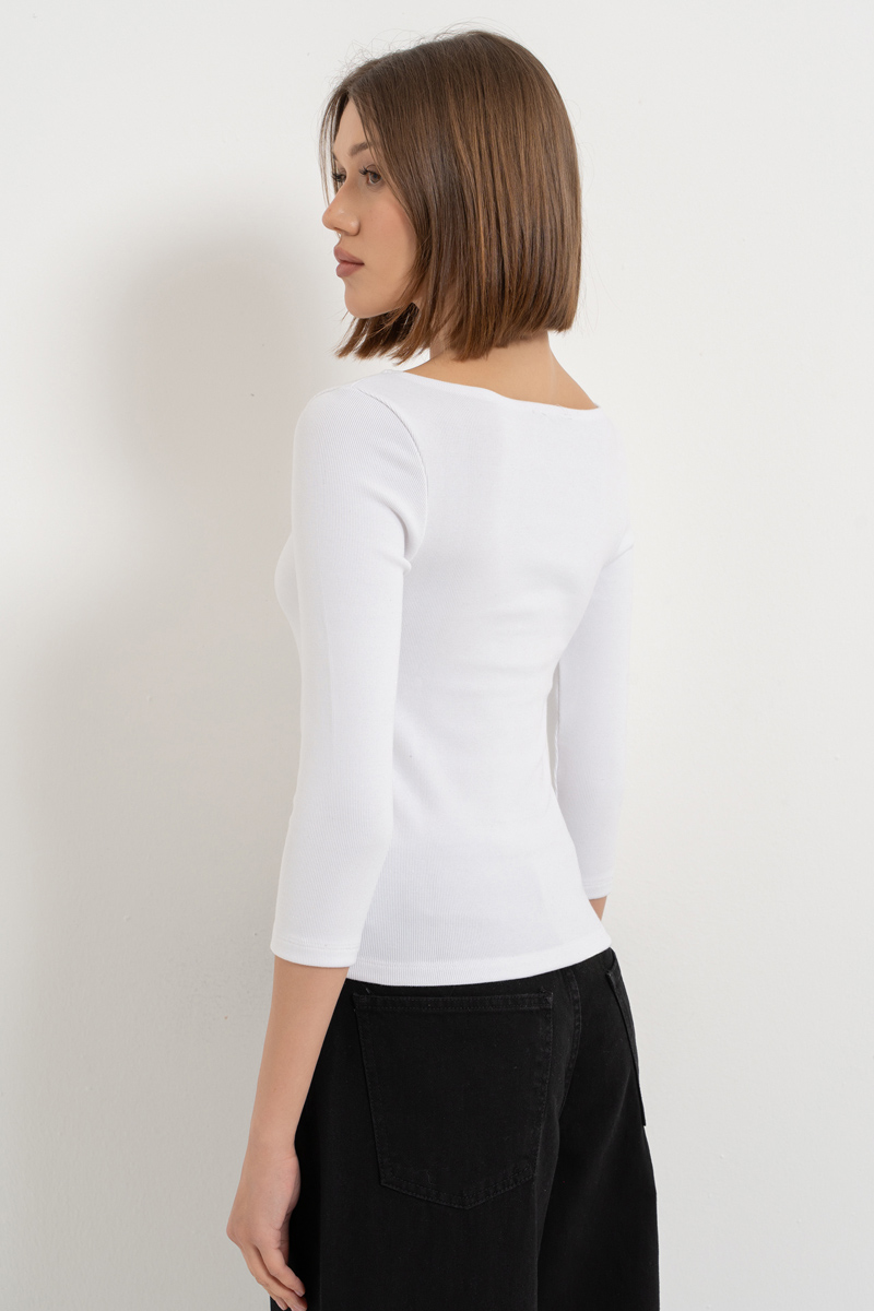 White Long-Sleeve Boat-Neck Top