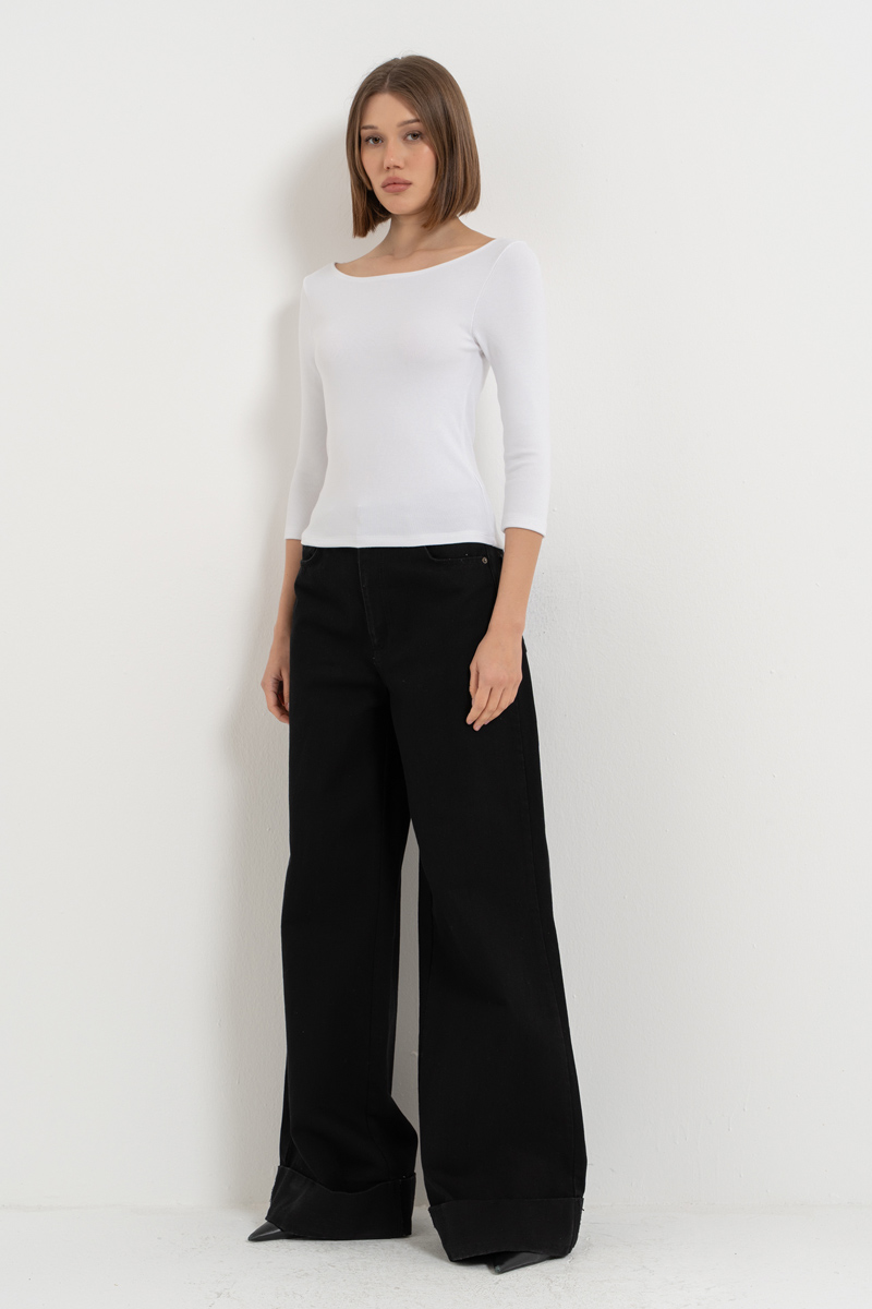 White Long-Sleeve Boat-Neck Top