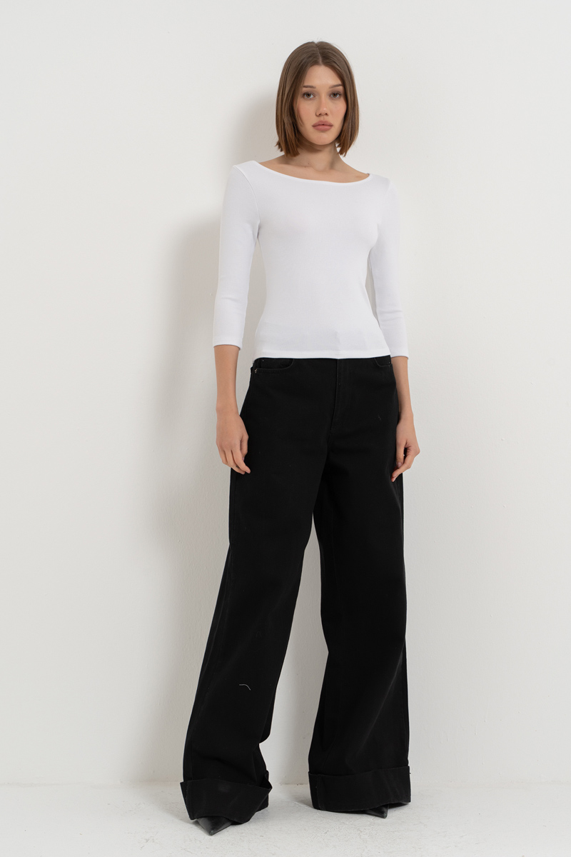 White Long-Sleeve Boat-Neck Top