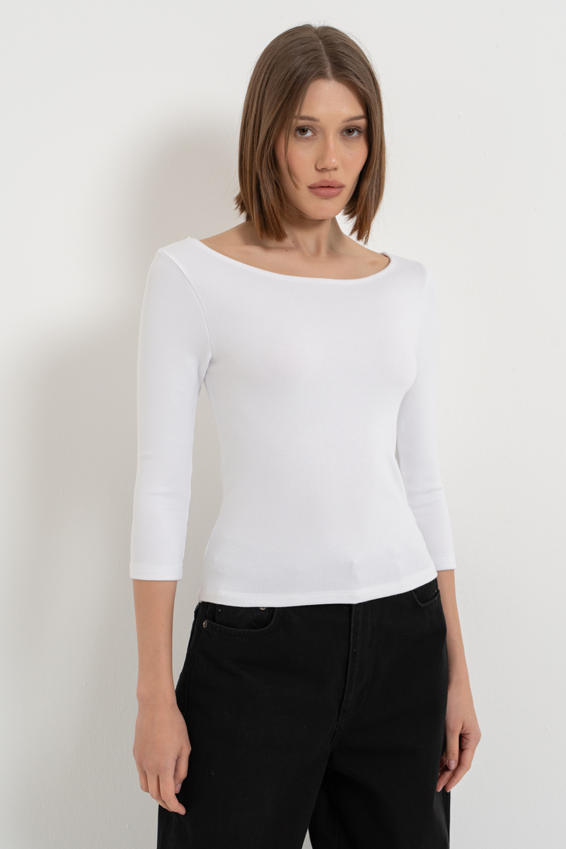 White Long-Sleeve Boat-Neck Top