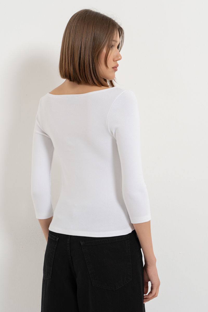 White Long-Sleeve Boat-Neck Top