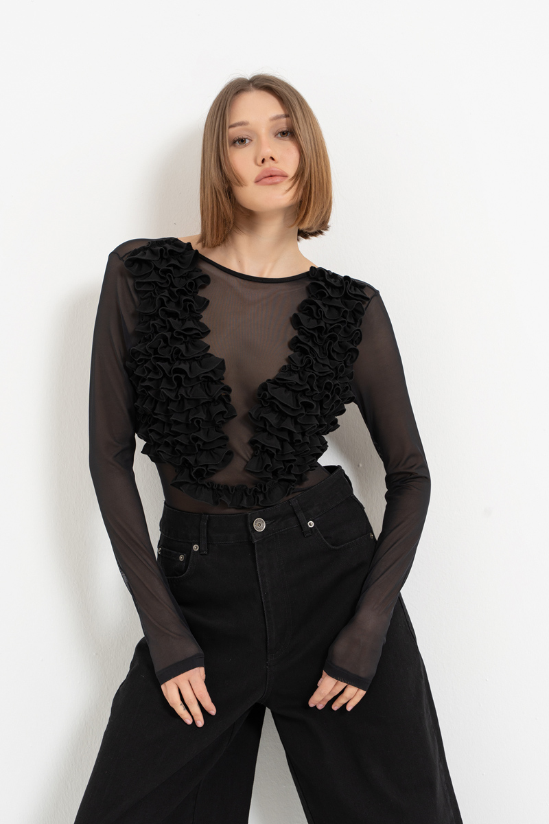 Siyah Sırt Dekolteli Fırfırlı Tül Bodysuit