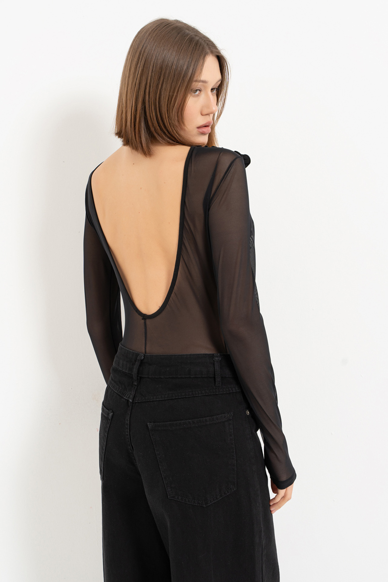 Siyah Sırt Dekolteli Fırfırlı Tül Bodysuit