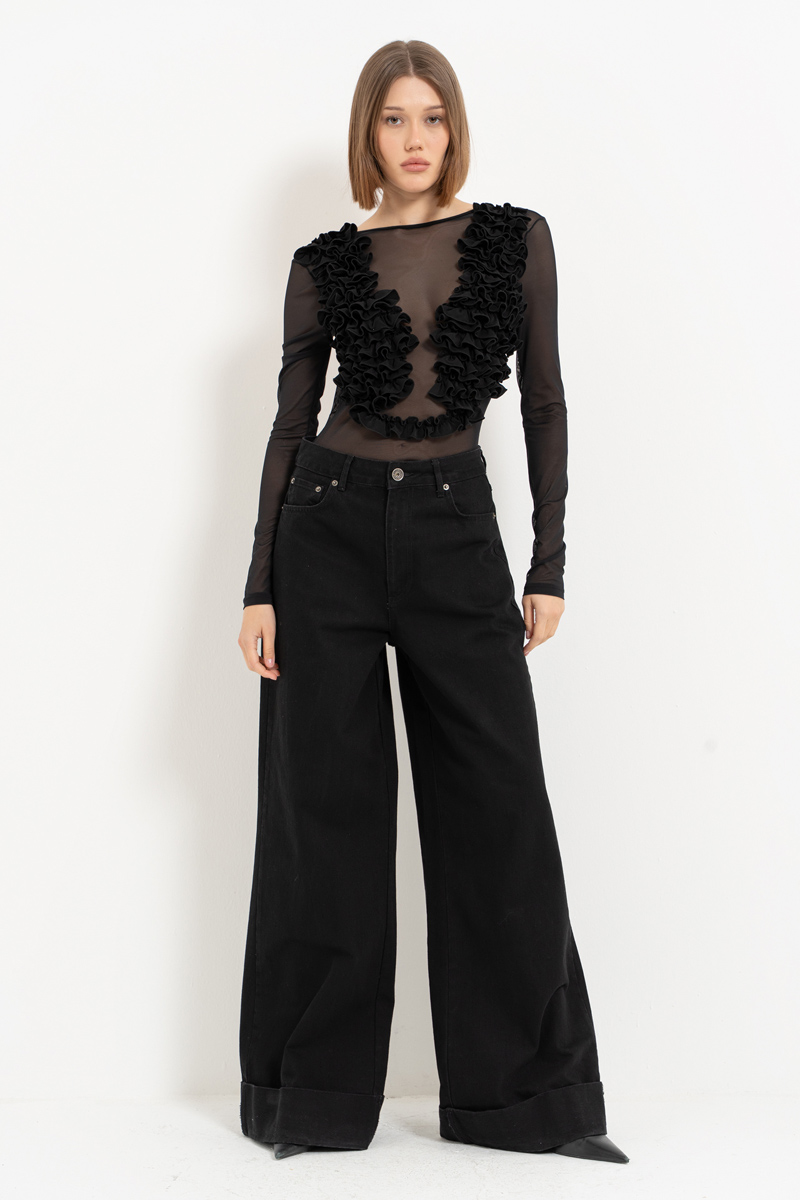 Siyah Sırt Dekolteli Fırfırlı Tül Bodysuit