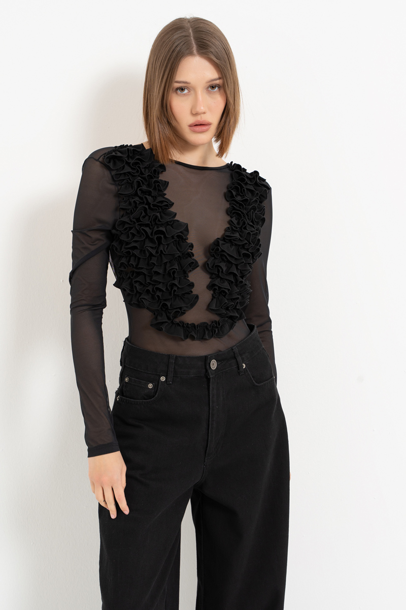 Siyah Sırt Dekolteli Fırfırlı Tül Bodysuit