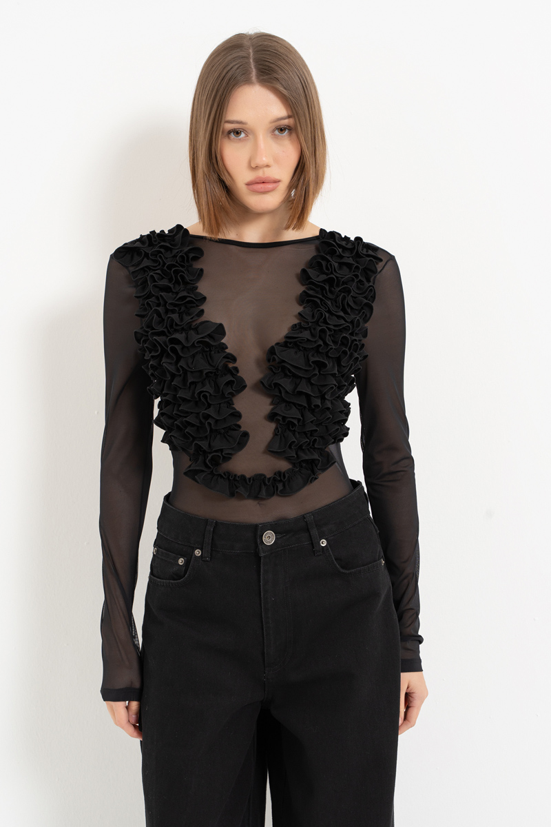 Siyah Sırt Dekolteli Fırfırlı Tül Bodysuit