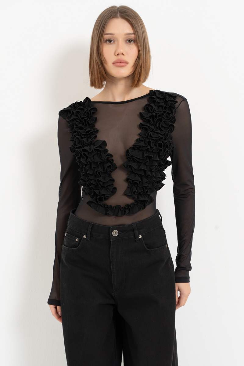 Siyah Sırt Dekolteli Fırfırlı Tül Bodysuit