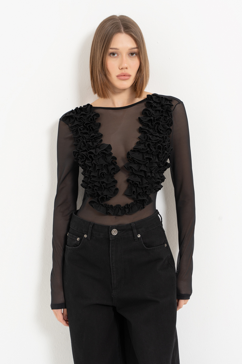 Siyah Sırt Dekolteli Fırfırlı Tül Bodysuit