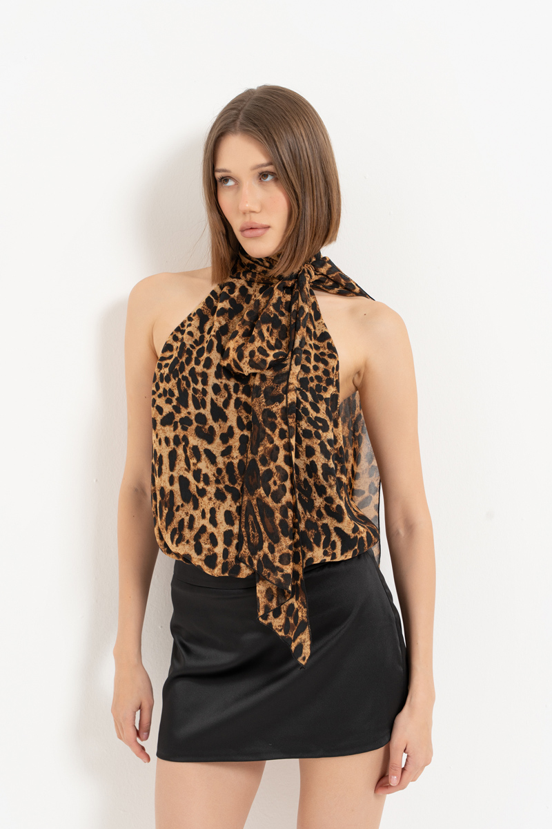 Kahverengi Siyah Leopar Boyundan Bağlamalı Desenli Bodysuit