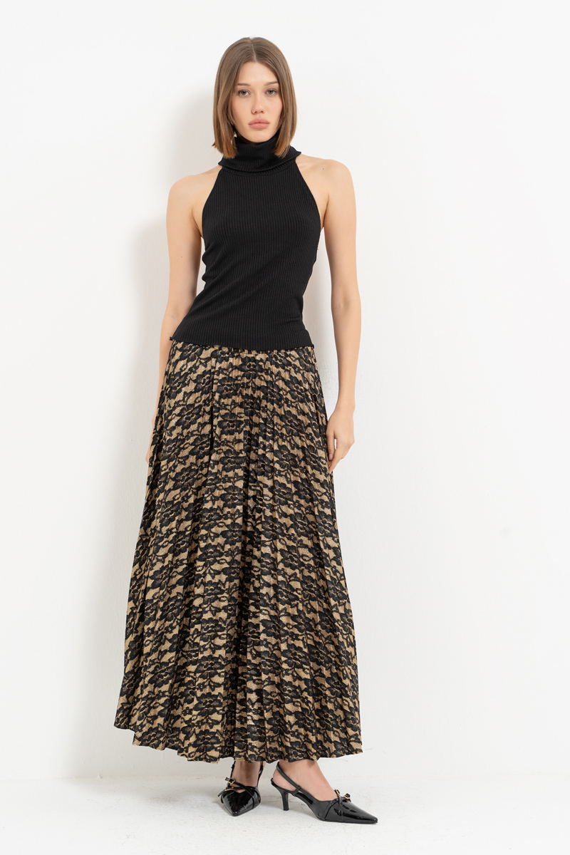 Siyah-Altin Beli Lastikli Piliseli Uzun Etek