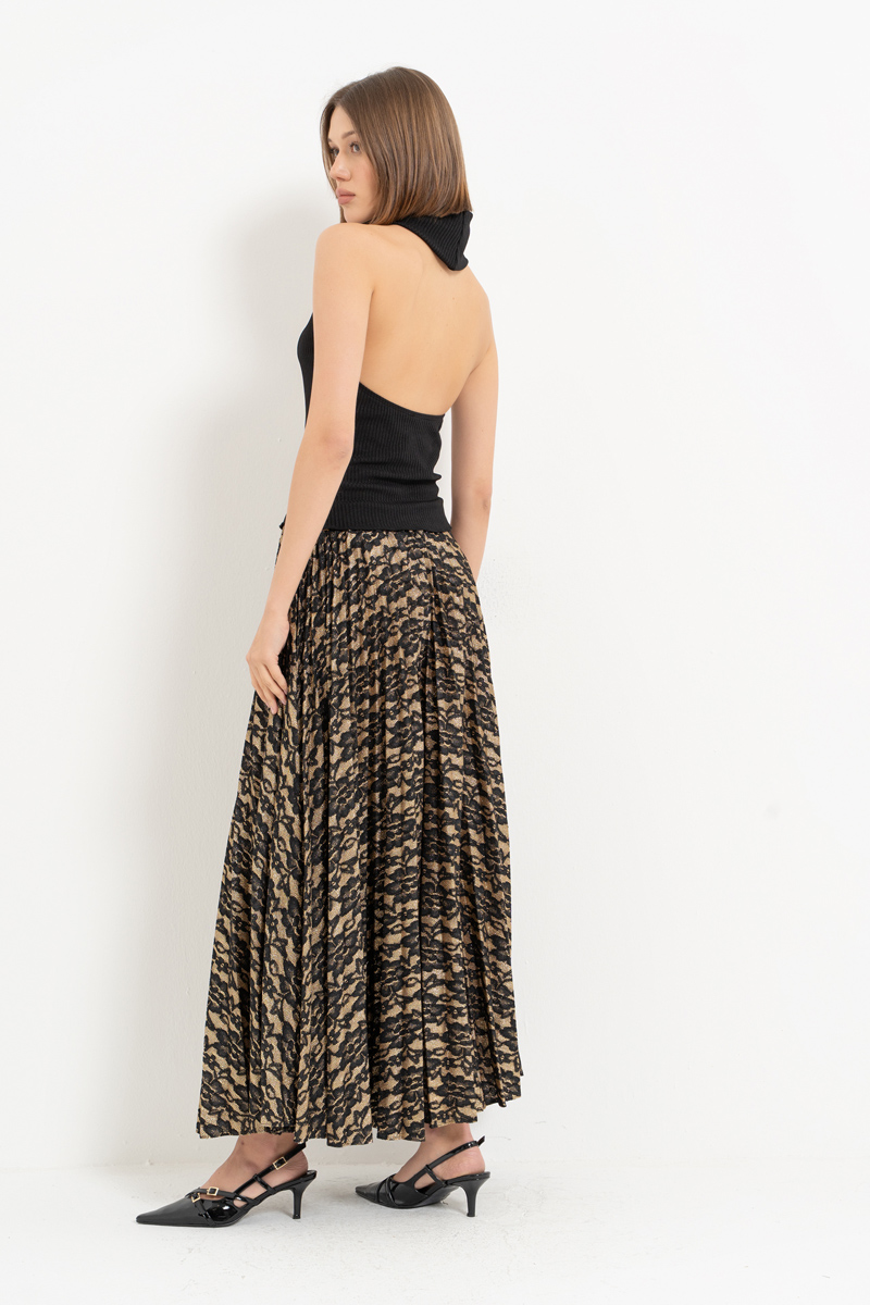 Siyah-Altin Beli Lastikli Piliseli Uzun Etek