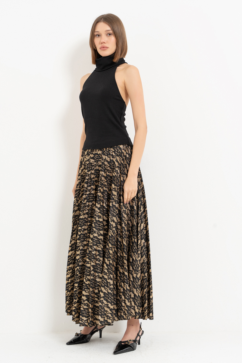 Siyah-Altin Beli Lastikli Piliseli Uzun Etek