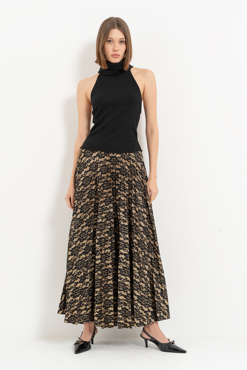 Siyah-Altin Beli Lastikli Piliseli Uzun Etek