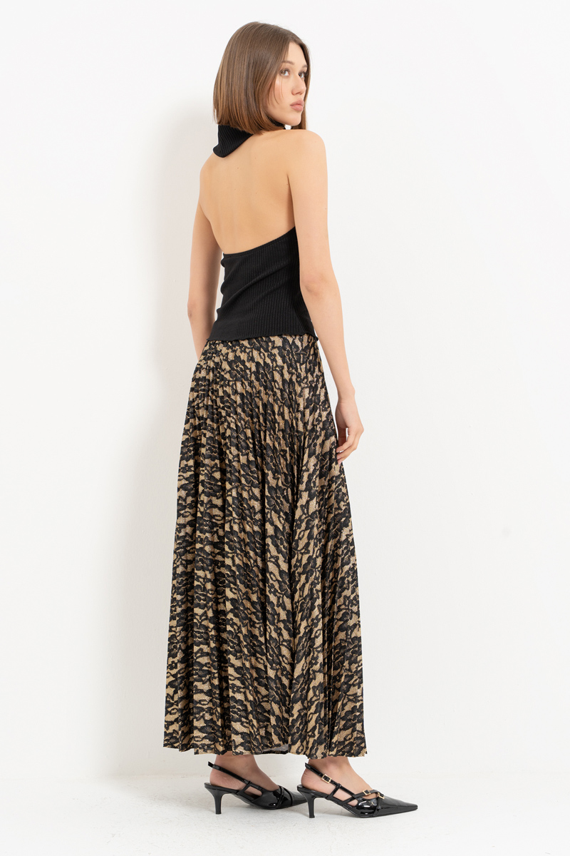 Siyah-Altin Beli Lastikli Piliseli Uzun Etek