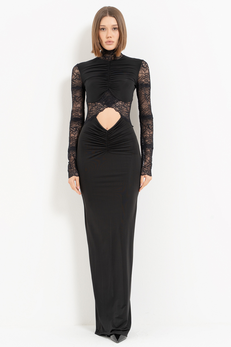 Siyah Balıkçı Yaka Göbek Dekolteli Dantelli Elbise