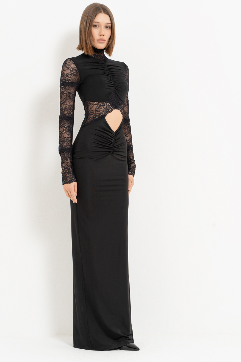 Siyah Balıkçı Yaka Göbek Dekolteli Dantelli Elbise